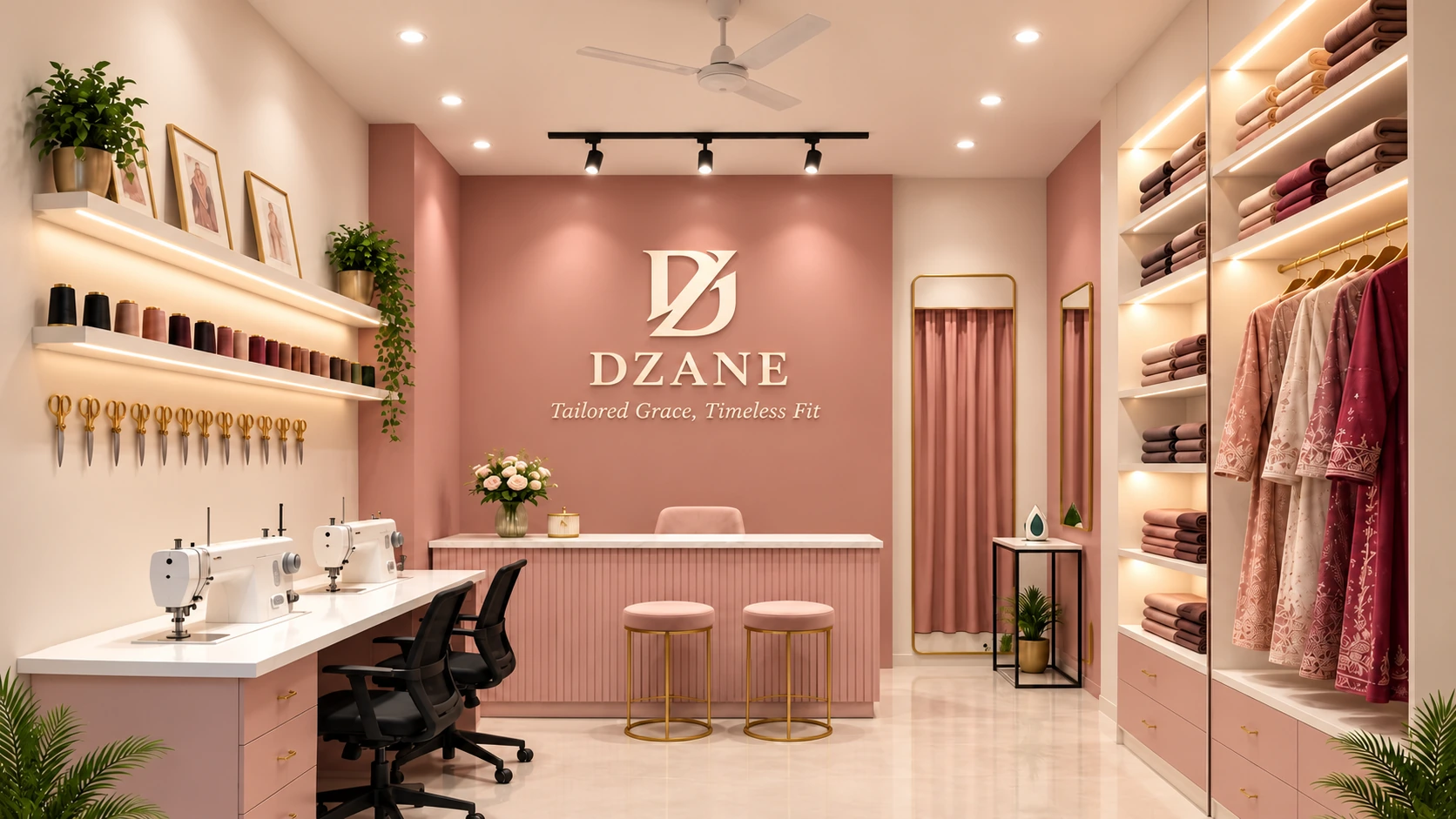 The DZANE tailoring studio: a blush-pink fitting room with the DZANE logo lit up on the feature wall, two sewing stations, a curtained fitting mirror, and shelves of folded fabrics.